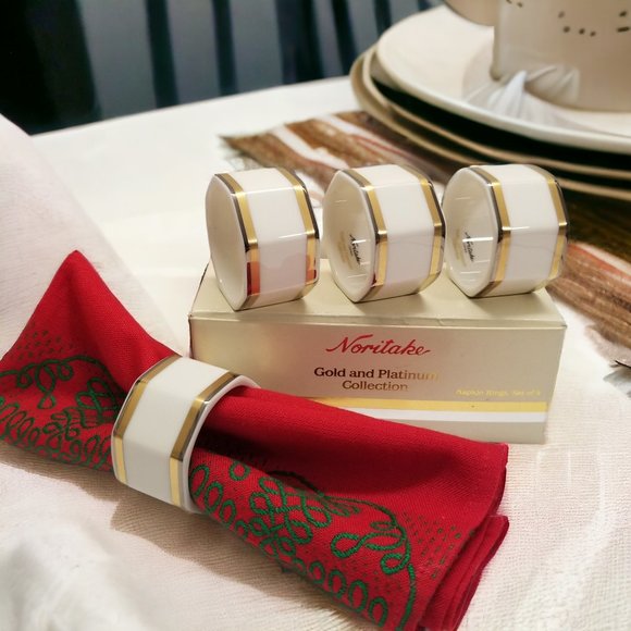 Gold & Platinum Band Napkin Holder Set 4-Noritake Vintage Napkin Rings Colection - Picture 2 of 13
